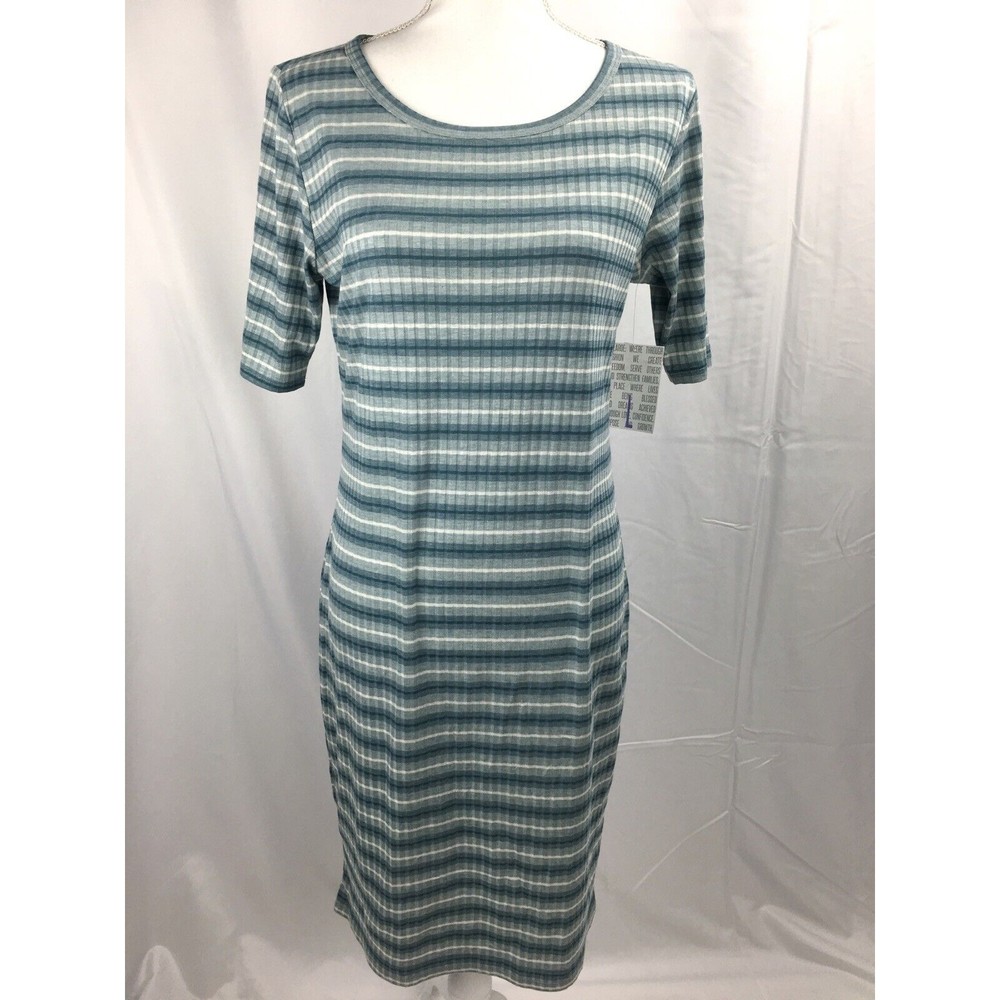 NWT LuLaRoe LARGE Blue Striped Julia Dress Short Sleeves Round‎ Neck Rayon